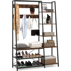 Costway - Porte Manteaux 180 cm, Meuble d'Entrée 3 en 1, Banc à Chaussures, 9 Patères Double, Etagères Ouvertes, Cadre en Métal, Kit