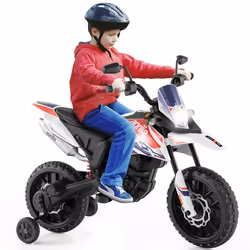 Moto Électrique Enfant COSTWAY Moto-cross (RX125) 12V 7AH 2 Moteur - 55 à 6 km/h Phares Klaxon Musiques USB 3 à 8 Ans Blanc