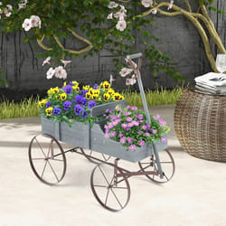 COSTWAY Brouette Décorative en Bois avec Roues 2 Compartiments à Planter et Poignée Charge 15 kg pour Cour Jardin Véranda Gris