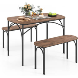 Costway - Table de Cuisine avec 2 Bancs, Meuble Salle a Manger 4 Personnes, Design Ovale, Cadre en Métal, Ensemble Table et 2 Bancs, 120 x 70 x 76 cm