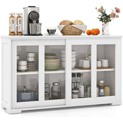 Costway - Buffet Cuisine, Armoire Cuisine avec 2 Etagères, 2 Portes Coulissantes en Verre, Meuble Bas Cuisine pour Salon, 107 x 33 x 64 cm (Blanc)