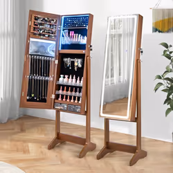 COSTWAY Armoire à Bijoux sur Pied avec Lumières LED 3 Angles Ajustables Porte Verrouillable Miroir Pleine Longueur Noyer