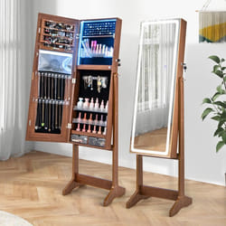 COSTWAY Armoire à Bijoux sur Pied avec Lumières LED 3 Angles Ajustables Porte Verrouillable Miroir Pleine Longueur Noyer