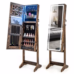 COSTWAY Armoire à Bijoux sur Pied avec Lumières LED 3 Angles Ajustables Porte Verrouillable Miroir Pleine Longueur Marron