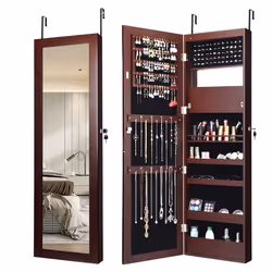 COSTWAY Armoire à Bijoux 120 CM avec Miroir et Lumières LED Conception Murale/sur Porte Porte Verrouillable avec 2 Clés Marro ...