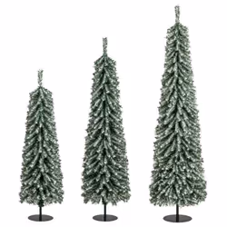 Lot de 3 Sapins de Noël Artificiels COSTWAY-120+150+180 cm-Support Pied-100+120+180 LED-Fausse Neige-216+302+505 Branches-Ver ...