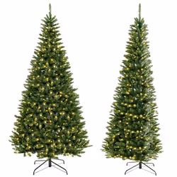 Sapin de Noël Artificiel 240cm COSTWAY-Angle à 270°-360 Lumières LED Blanc Chaud-1137 Branches PVC-Paire de Gants-Décoration ...