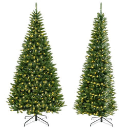 Sapin de Noël Artificiel 240cm COSTWAY-Angle à 270°-360 Lumières LED Blanc Chaud-1137 Branches PVC-Paire de Gants-Décoration de
