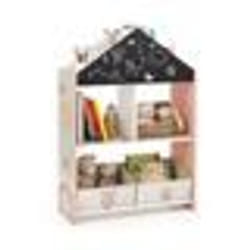 COSTWAY Étagère de Rangement pour Enfants 4 Compartiments 2 Tiroirs Kits Anti-basculement Forme en Maison Rose