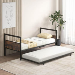 Costway - Lit Gigogne 90 x 200 cm, Lit Simple en Métal avec roulettes, Cadre de Lit Plateforme avec Tête et Pied de Lit, Lattes en Métal, pour