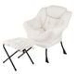 Fauteuil Relax COSTWAY-Repose-pied Pliable-Coussin de Tête-Siège Souple-Accoudoir-Poche Stockage-Cadre en Métal-Charge 150 kg-Beige