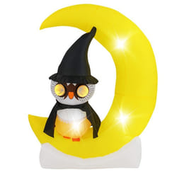 Décoration dHalloween Lumineuse H155 cm - COSTWAY - Hibou Sorcier Gonflable sur Lune - Souffleur Intégré - Piquets et Sac de Sable