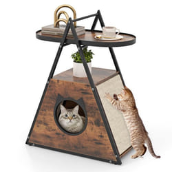 Niche en Forme de A pour Chat COSTWAY Armoire Cachée Étagère Ouverte à 2 Niveaux 2 en 1 Meuble pour Animaux de Compagnie en Bois