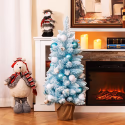 COSTWAY Mini Sapin de Noël Artificiel Pré-décoré 90 cm 12 Boules de Coton Naturel 24 Boules Décoratives Base en Ciment Bleu