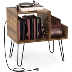 COSTWAY Meuble Tourne-Disque Vinyle avec Prise, Support Tourne-disque pour 145 Albums, Station de Charge, 2 Ports USB, 4 Pieds Amovibles, 3