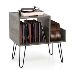 Meuble Rangement de Tourne-disque COSTWAY 2 Prises Secteur et de 2 Ports USB Séparateurs Amovibles Jusquà 145 Albums Gris