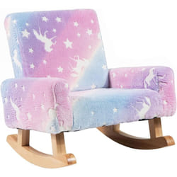 Costway - Fauteuil à Bascule Enfant Lumineux (Brillant dans Le Noir) avec Motif de Licorne, Chaise à Bascule en Bois avec Dossier & Accoudoirs