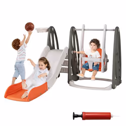 Ensemble de Toboggan pour Enfants COSTWAY-4 en 1 pour 18+ Mois-Balançoire Réglable en 3 Hauteur-Panier de Basket-Zone Tampon