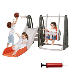Ensemble de Toboggan pour Enfants COSTWAY-4 en 1 pour 18+ Mois-Balançoire Réglable en 3 Hauteur-Panier de Basket-Zone Tampon