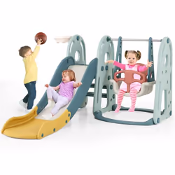 Ensemble de Toboggan pour Enfants COSTWAY-4 en 1-18+ Mois-Balançoire Réglable en 3 Hauteur-Panier et Ballon de Basket-Zone Ta ...