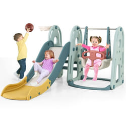 Ensemble de Toboggan pour Enfants COSTWAY-4 en 1-18+ Mois-Balançoire Réglable en 3 Hauteur-Panier et Ballon de Basket-Zone Tampon