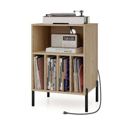 COSTWAY Support de Stockage de Disques Vinyles avec 5 Compartiments Ouverts Pieds en Métal Station de Charge USB Nature