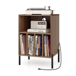 COSTWAY Support de Stockage de Disques Vinyles avec 5 Compartiments Ouverts Pieds en Métal Station de Charge USB Marron
