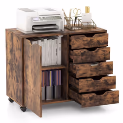 Classeur de Bureau COSTWAY-5 tiroirs et 1 Compartiment de Stockage-Bureau en Bois-Étagère Réglable-5 Roulettes-78 x 40 x 65 c ...