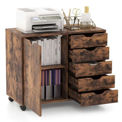 Classeur de Bureau COSTWAY-5 tiroirs et 1 Compartiment de Stockage-Bureau en Bois-Étagère Réglable-5 Roulettes-78 x 40 x 65 cm-Café