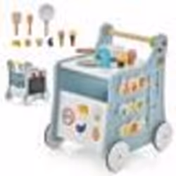 COSTWAY 6 en 1 Chariot de Marche en Bois avec Centre de Jouets Cuisine de Jeu Horloge Enfant 1 An+ Jouet Montessori Bleu