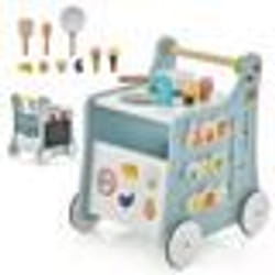 COSTWAY 6 en 1 Chariot de Marche en Bois avec Centre de Jouets Cuisine de Jeu Horloge Enfant 1 An+ Jouet Montessori Bleu