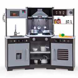 Cuisine Enfant de 3+ Ans COSTWAY-Jouets en Bois-Sons et Lumières-Espace de Rangement-Accessoires Inclus-110 x 43 x 92 CM-Marr ...