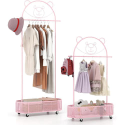 Costway - Portant à Vêtements Enfant en Forme d'Ours avec 3 Hauteurs Réglables, Garde-Robe Enfant en Métal avec Panier Inférieur, Porte-vêtements sur