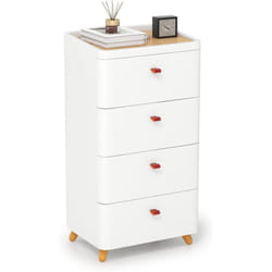 Costway - Commode 4 Tiroirs, Meuble Rangement Tiroirs en Plastique, Commode Chambre sur Pied, Pieds en Bois Massif, Plateau en Bambou Amovible, sans