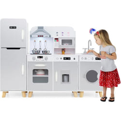 Costway - 3 en 1 Cuisine Enfant avec Réfrigérateur & Machine à Laver, Cuisiniere Enfant avec Lumière & Effet Sonore, Micro-Ondes & Machine à Glaçons,
