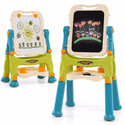 COSTWAY Tableau Enfant 3Ans+ avec 2 Faces-Blanc Magnétique et Noir Hauteur Réglable avec Poignée Portable 2 Pots de Peinture ...
