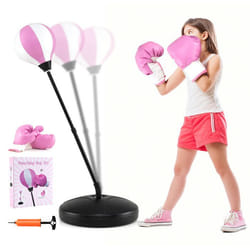 Sac de Frappe Enfants 3 Ans COSTWAY-Punching Ball sur Pied-Hauteur Réglable 81-123CM-Gants et Pompe à Main-Base de Lestage-Rose