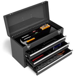 Boîte à Outils Métalique COSTWAY-3 Tiroirs et 1 Compartiment de Rangement-2 Loquets-Doublures en EVA-Poignée de Transport-Noir