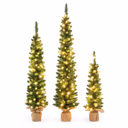 Lot de 3 Sapins de Noël LED Artificiels COSTWAY-90/120/150 cm-230 Lumières Blanc Chaud-415 Branches Vertes-Base en Toile de J ...