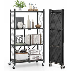 COSTWAY Étagère de Rangement Pliable à 4 Niveaux, Étagère de Cuisine avec roulettes Verrouillables, Chariot Roulant 4 Niveauxen Métal Robuste, pour