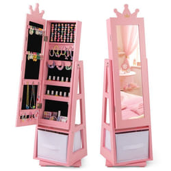 COSTWAY Armoire a Bijoux pour Enfants Miroir sur Pied avec Grande Capacité de Rangement et Base Pivotante Rose