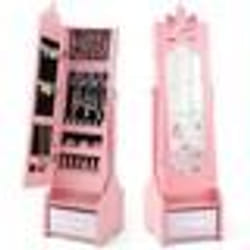 COSTWAY Armoire à Bijoux pour Enfants Miroir sur Pied Grande Capacité de Rangement 2 Angles dInclinaison Rose