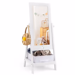COSTWAY Armoire Miroir sur Pied pour Enfants Rotatif à 360° avec Bac de Rangement 2 Crochets Latéraux 45 x 40 x 112 cm Blanc
