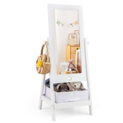 COSTWAY Armoire Miroir sur Pied pour Enfants Rotatif à 360° avec Bac de Rangement 2 Crochets Latéraux 45 x 40 x 112 cm Blanc