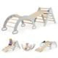 7 en 1 Triangle dEscalade en Bois COSTWAY-avec Toboggan/Arche/Rampe Double Face-Échelle Réglable-Charge 50KG-pour Bébé 1+ Ans-Gris