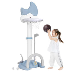 Panier de Basket 4-en-1 pour Enfant COSTWAY-Réglable en Hauteur-avec Basketball Football Golf et Jeu de Anneaux-pour 3+ Ans-Bleu