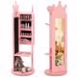 COSTWAY Armoire à Bijoux Enfants Base Pivotante Miroir sur Pied Grande Capacité de Rangement Support à Vêtements Crochets Ros ...