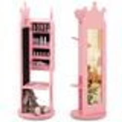 COSTWAY Armoire à Bijoux Enfants Base Pivotante Miroir sur Pied Grande Capacité de Rangement Support à Vêtements Crochets Rose