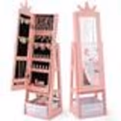 COSTWAY Armoire à Bijoux pour Enfants Miroir sur Pied avec Grande Capacité de Rangement Crochets Étagères et Tiroir Rose