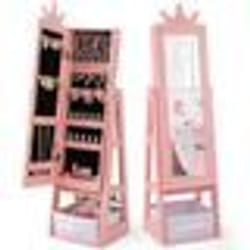 COSTWAY Armoire à Bijoux pour Enfants Miroir sur Pied avec Grande Capacité de Rangement Crochets Étagères et Tiroir Rose
